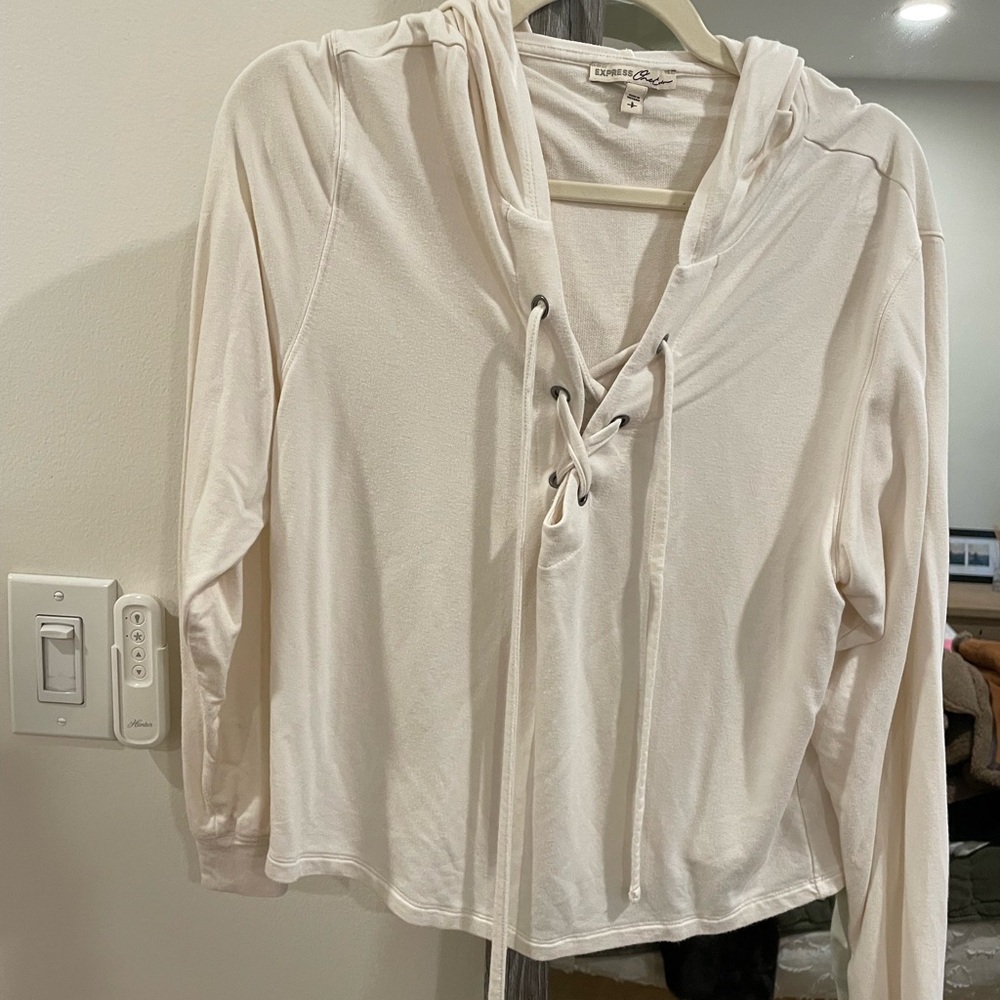 Express Women's Cream Lace-Up Shirt Hoodie - Super Soft